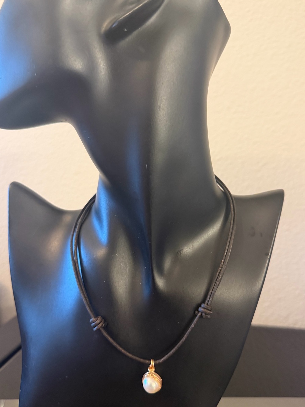 Freshwater Pearl Pendant Necklace on Black Leather Cord